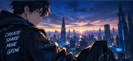 Anime creator overlooking a futuristic city at sunset