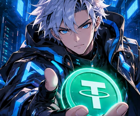 Silver-haired anime guardian holding a luminous USDT core